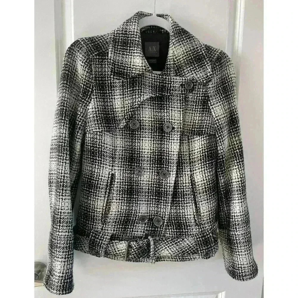 Armani Exchange Double Breasted Wool Blend Belted Pea Coat Black White Size S